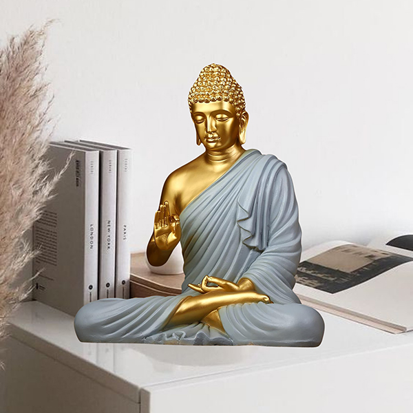 Meditation Big Buddha Showpiece for Home Decor (Grey & Golden) Polyresin – 15 Inch