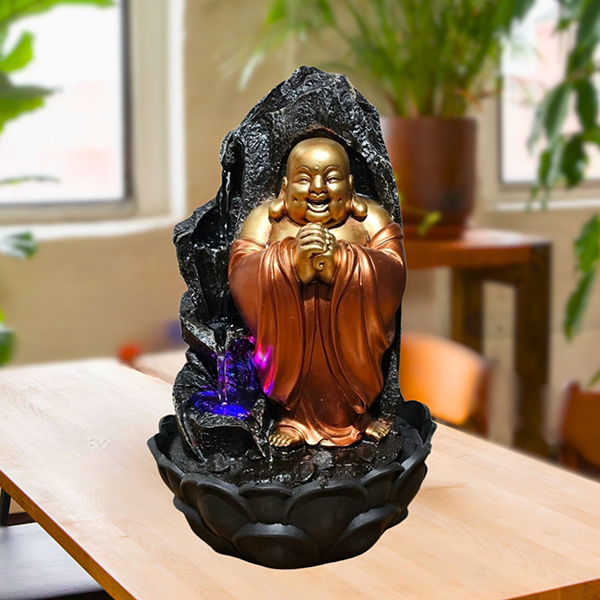 Laughing Buddha Water Fountain Showpiece for Home Decor (Black & Golden) Polyresin – 15 Inch