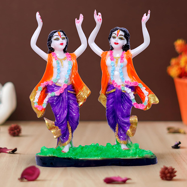 Gaura Nitai Idol Showpiece for Home Decor (Orange & Purple) Marble – 10.5 Inch