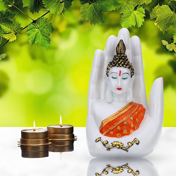 Palm Buddha Showpiece for Home Decor (Orange) Marble – 7 Inch