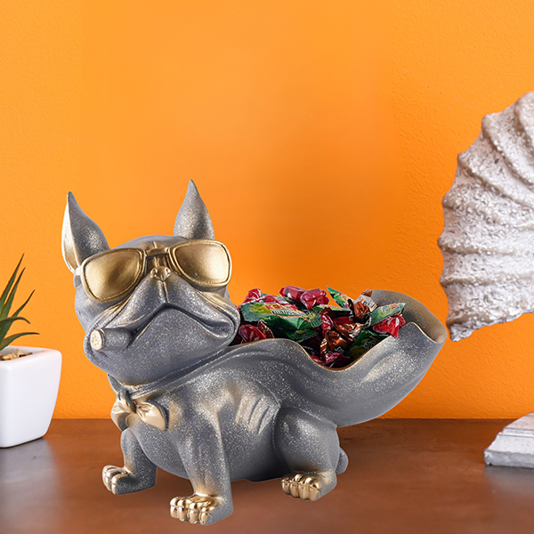 7-Inch Cool Bulldog Candy Holder – Resin Dog Statue with Sunglasses