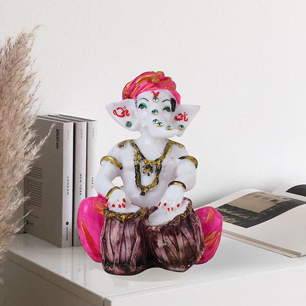 Musician Tabla Ganesha Idol Showpiece (Pink) Marble – 4 Inch