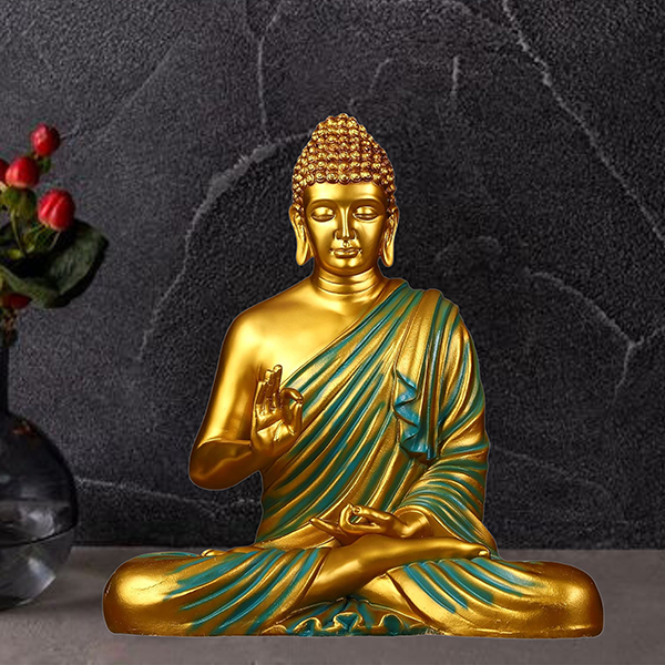 Meditation Big Buddha Showpiece for Home Decor (Golden & Green) Polyresin – 15 Inch