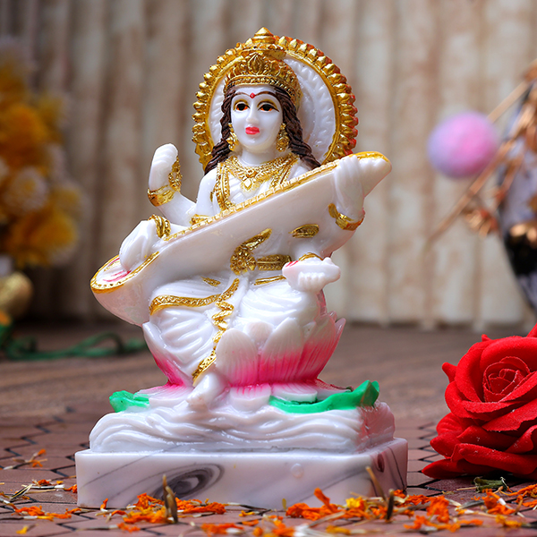 Goddess Maa Saraswati Idol Showpiece (White) Marble – 6 Inch
