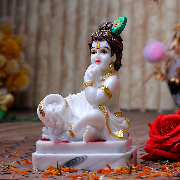 Bal Krishna Makhan Chor Idol Showpiece (White) Marble – 6 Inch