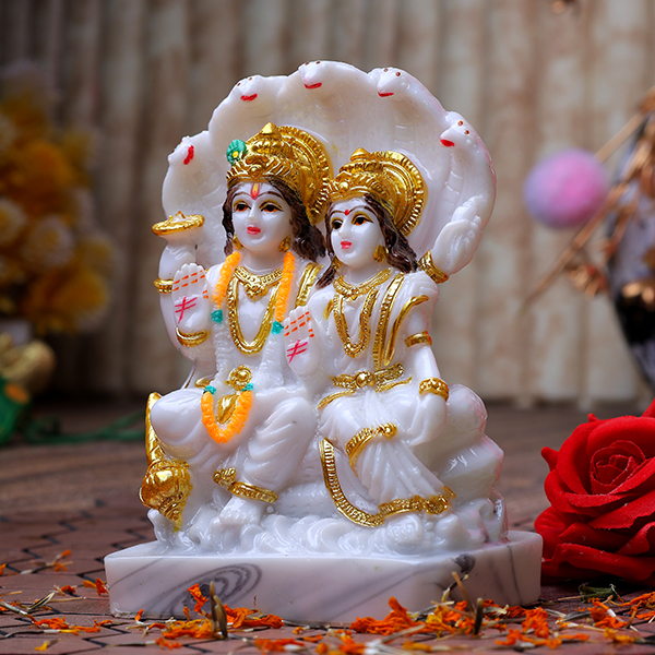 Vishnu & Laxmi Idol Showpiece (White) Marble – 6 Inch