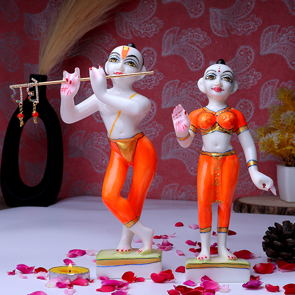 Jugal Jodi Radha & Krishna Idol Showpiece for Home Decor (Orange) Marble – 9 Inch