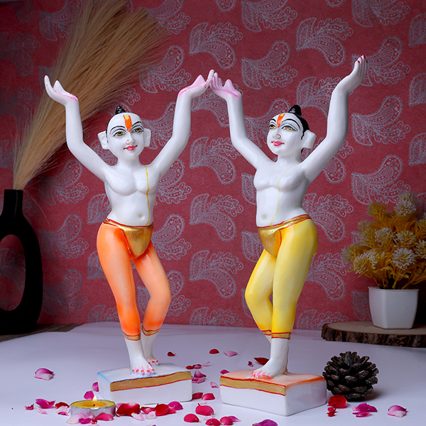 Gaura Nitai Idol Showpiece for Home Decor (Orange & Yellow) Marble – 12 Inch