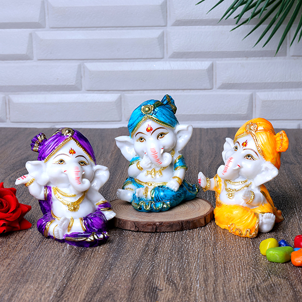 Little Ganesha Idol Showpiece Set of 3 (Multicolor) Marble – 4 Inch