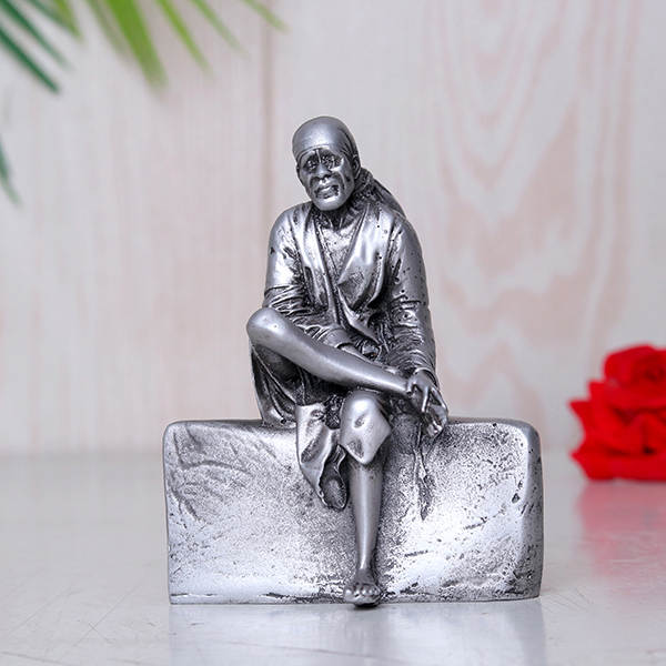 Shirdi Sai Baba Showpiece Idol Statue Especially for Car Dashboard (Silver) Polyresin – 4 Inch
