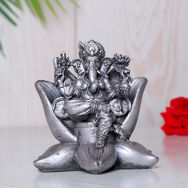 Antique Lord Ganesha Idol Showpiece for Home Decor (Silver) Polyresin – 4 Inch