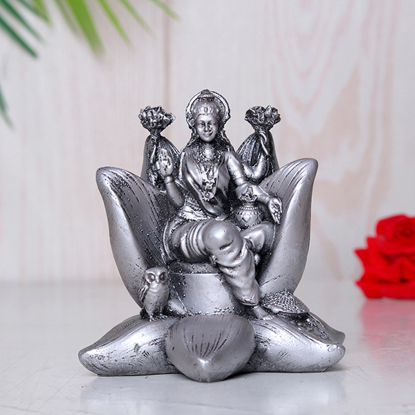 Goddess Laxmi Idol Showpiece for Home Decor (Silver) Polyresin – 4 Inch