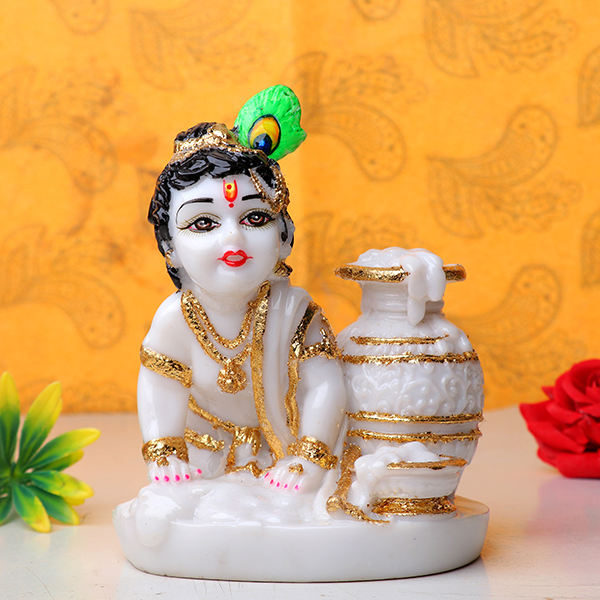 Makhan Chor Bal Krishna Idol Showpiece for Home Decor (Golden Foil) Marble- 5.5 Inch