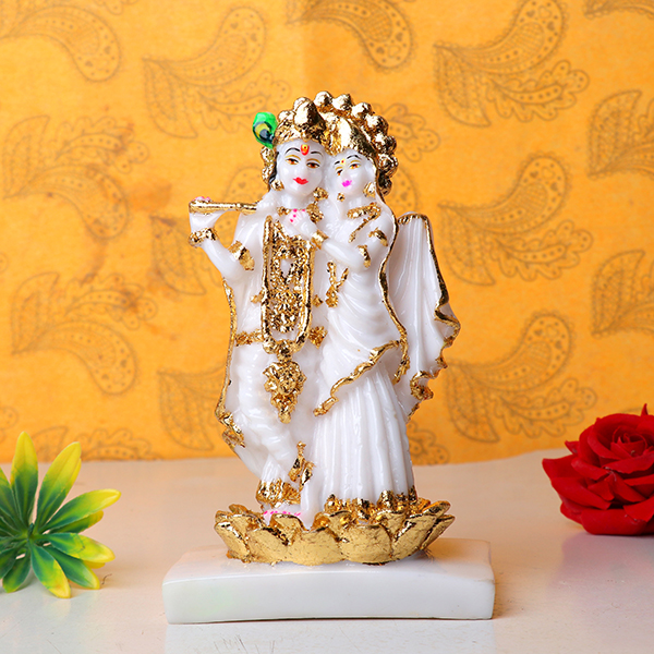 Radha-Krishna Idol Showpiece for Home Decor (Golden Foil) Marble- 7 Inch