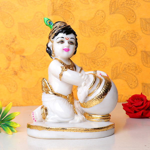 Makhan Chor Bal Krishna Idol Showpiece for Home Decor (Golden Foil) Marble- 7 Inch