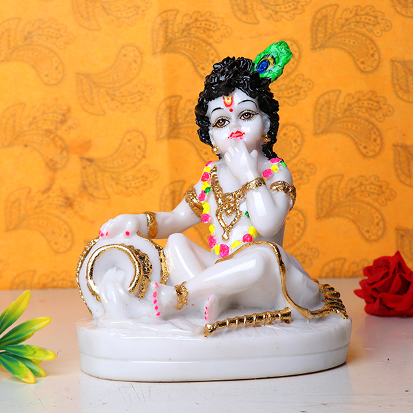 Makhan Chor Bal Krishna Idol Showpiece for Home Decor (Golden Foil) Marble- 7.5 Inch