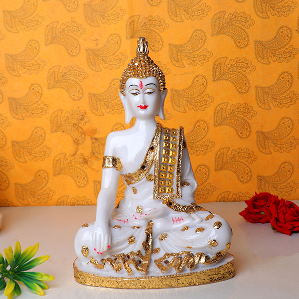 Lord Buddha Idol Showpiece for Home Decor (Golden Foil) Marble- 10.5 Inch