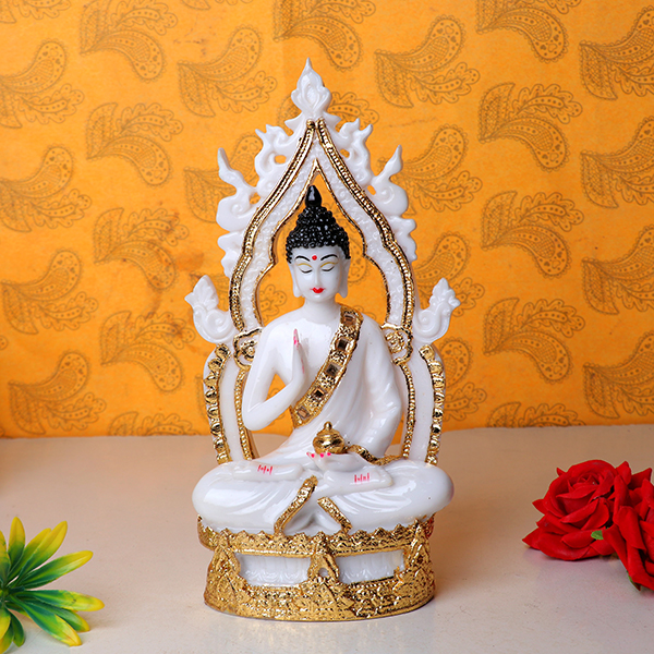 Lord Buddha Idol Showpiece for Home Decor (Golden Foil) Marble- 10 Inch