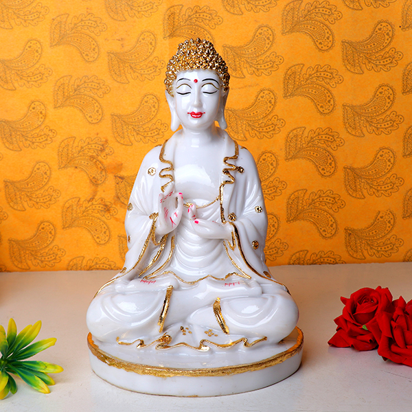 Lord Buddha Idol Showpiece for Home Decor (Golden Foil) Marble- 10 Inch