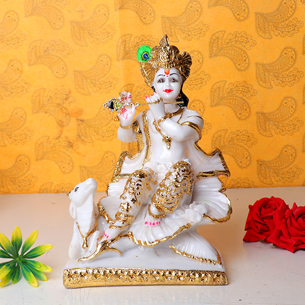 Lord Krishna with Cow Idol Showpiece for Home Decor (Golden Foil) Marble- 9.5 Inch