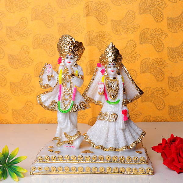 Isckon Radha-Krishna Idol Showpiece for Home Decor (Golden Foil) Marble- 5 Inch