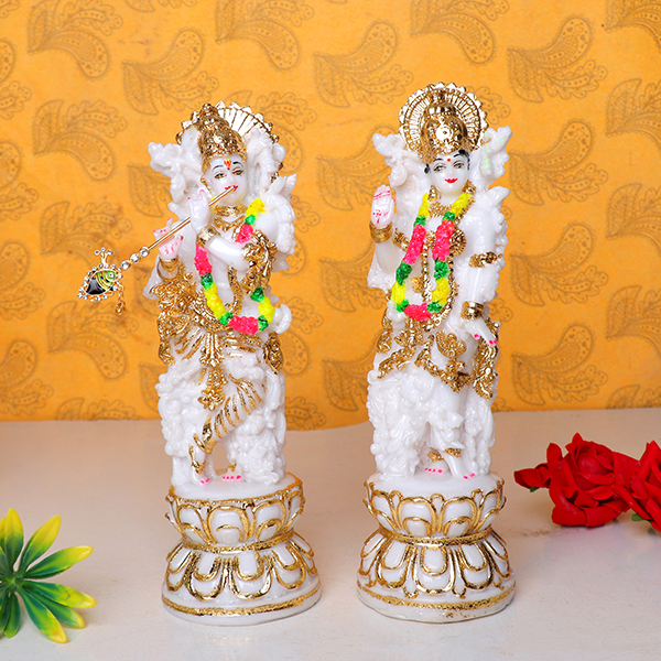 Antique Radha-Krishna Idol Showpiece for Home Decor (Golden Foil) Marble- 9 Inch