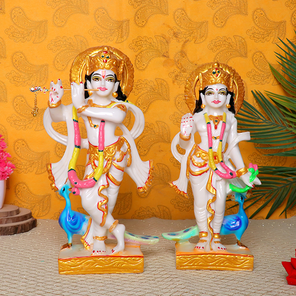 Radha & Krishna Idol Showpiece for Home Decor (White & Golden) Marble – 12 Inch