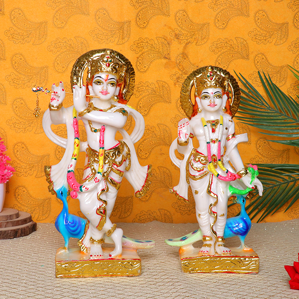 Radha & Krishna Idol Showpiece for Home Decor (Golden Foil Work) Marble – 12 Inch