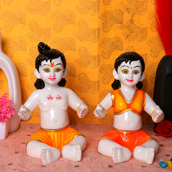 Lalla & Lalli Radha Krishna Idol Showpiece for Home Decor (Orange) Marble – 11 Inch
