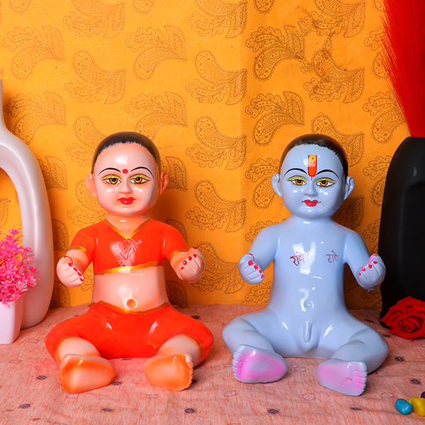 Lalla & Lalli Radha Krishna Idol Showpiece for Home Decor (Orange & Blue) Marble – 11 Inch