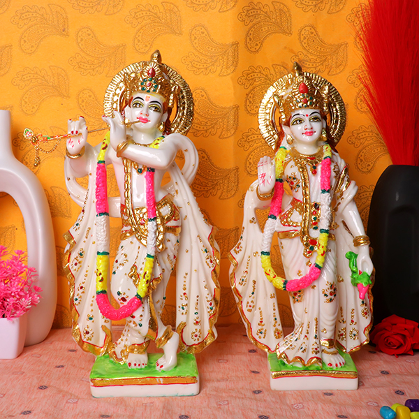 Jugal Jodi Radha & Krishna Idol Showpiece for Home Decor (Golden Foil Work) Marble – 15 Inch