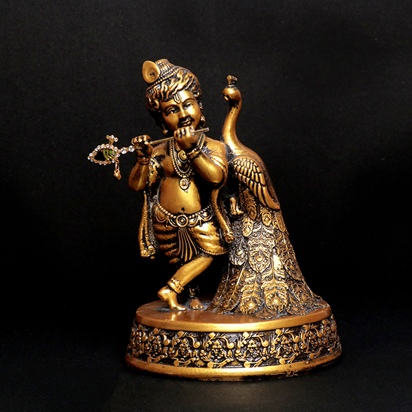 Antique Bal Krishna with Peacock Idol Showpiece (Antique Gold) Polyresin – 7.5 Inch