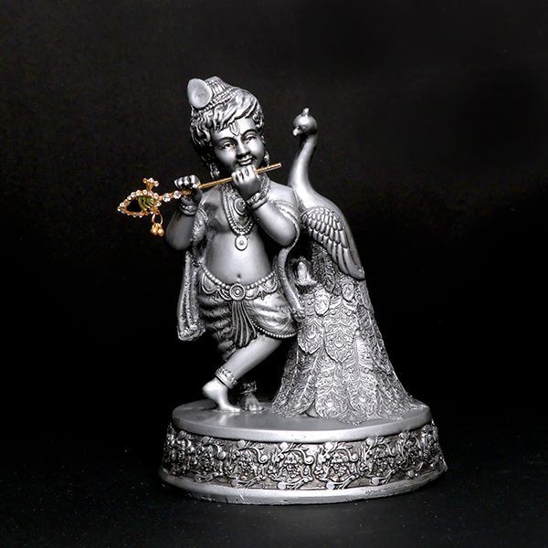 Antique Bal Krishna with Peacock Idol Showpiece (Silver) Polyresin – 7.5 Inch