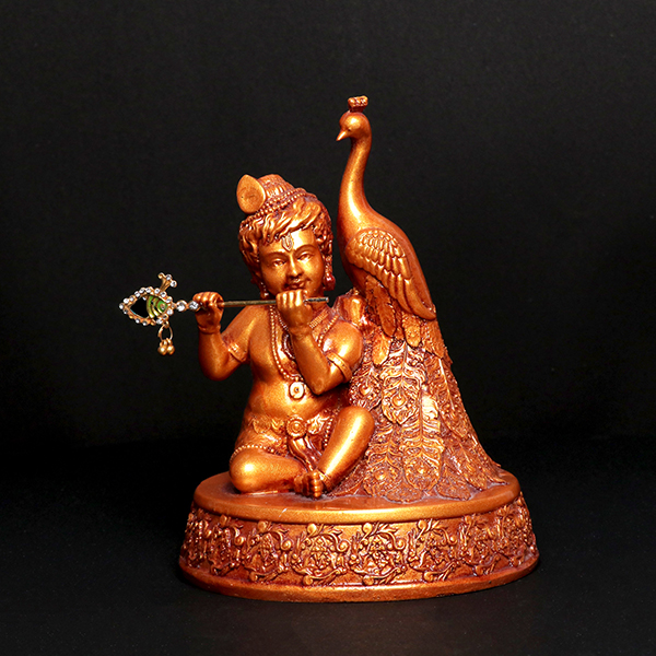 Bal Krishna with Peacock Idol Showpiece for Home Decor (Red & Golden) Polyresin – 7 Inch
