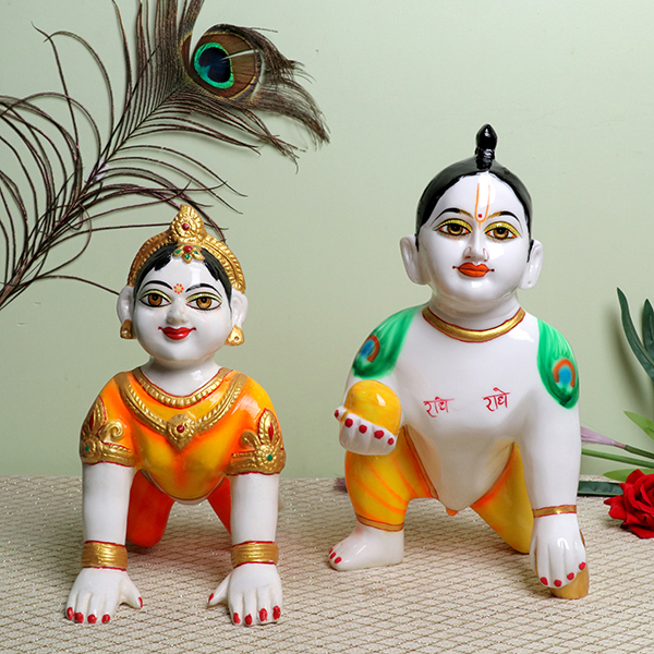 Laddu Gopal with Radha Rani Idol Showpiece for Home Decor (Orange) Marble – 13 Inch