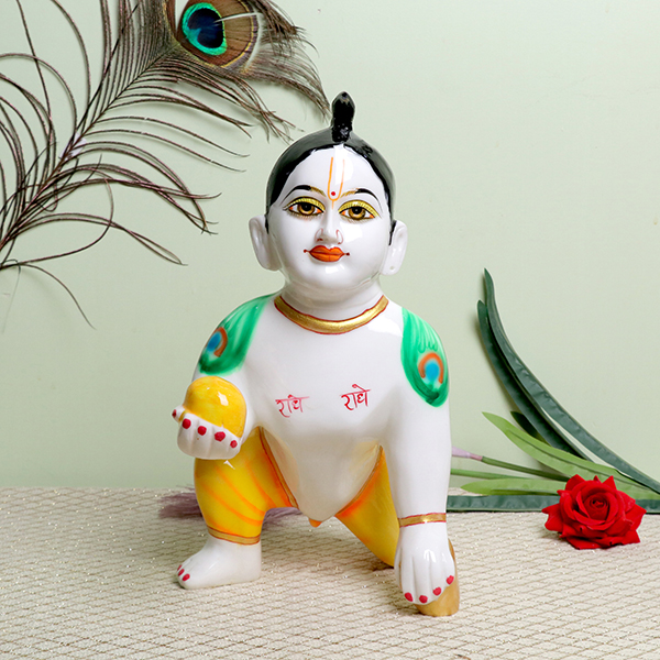 Laddu Gopal Krishna Idol Showpiece for Home Decor (Yellow & Green) Marble – 13  Inch