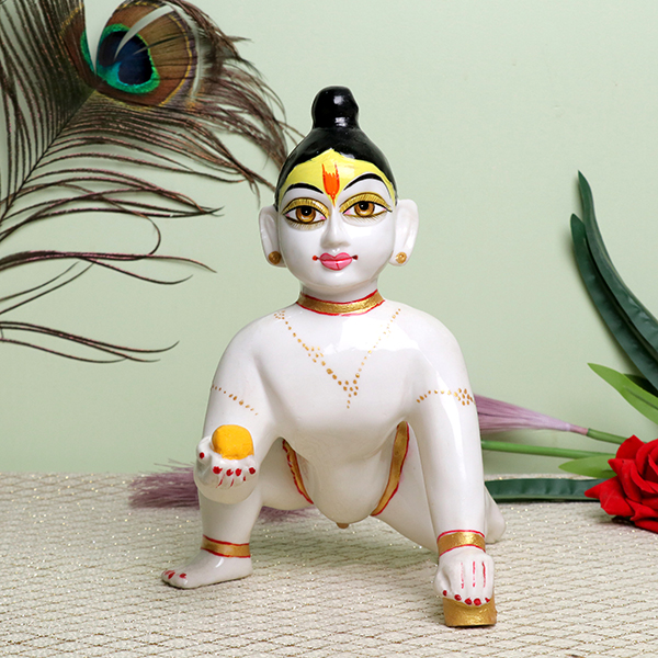 Laddu Gopal Krishna Idol Showpiece for Home Decor (White) Marble – 9 Inch