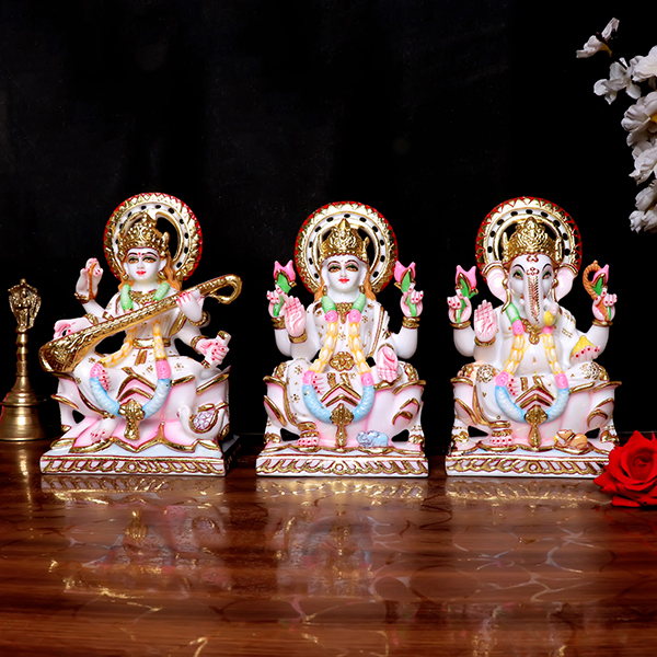 Laxmi-Ganesh & Saraswati Idol Showpiece for Home Decor (White) Marble – 9 Inch