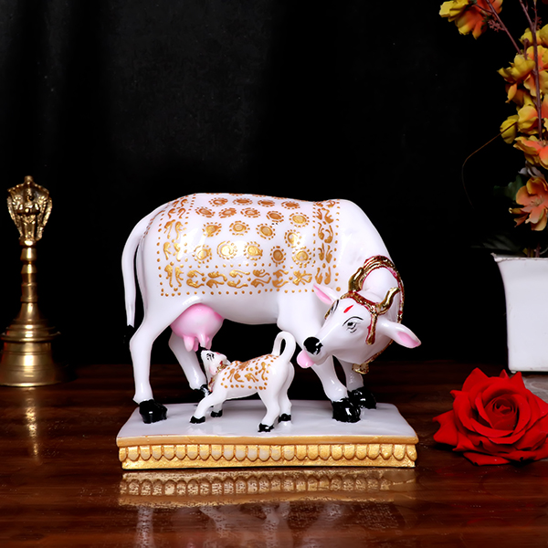 Kamdhenu Cow & Calf Idol Showpiece for Home Decor (Muticolor) Marble – 6 Inch