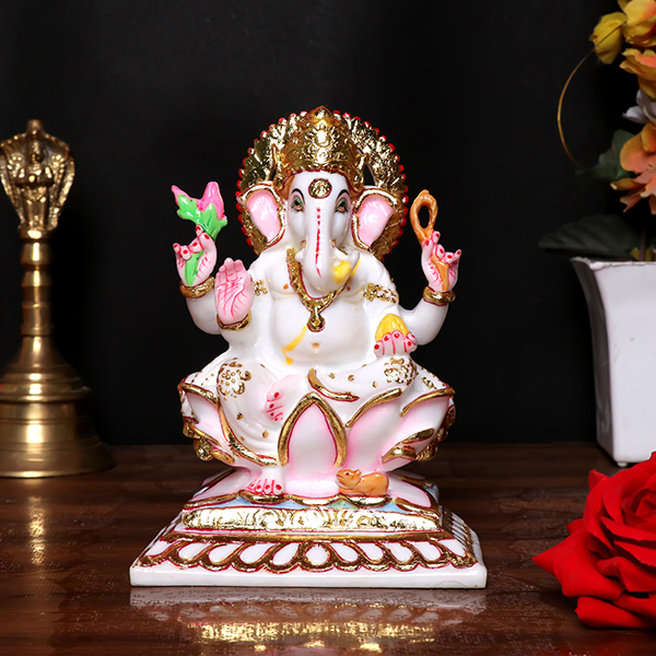 Lord Ganesha Idol Showpiece for Home Decor (White) Marble – 6 Inch