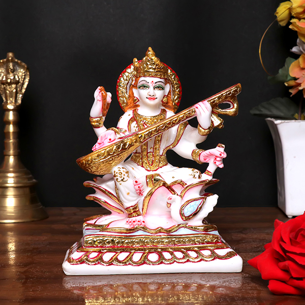 Goddess Maa Saraswati Idol Showpiece for Home Decor (White) Marble – 6 Inch