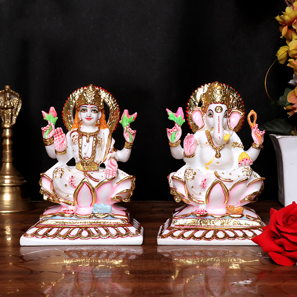Laxmi-Ganesh Idol Showpiece for Home Decor (White) Marble – 6 Inch