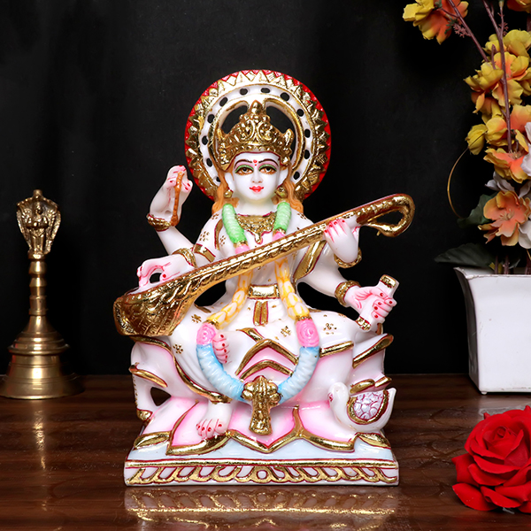 Goddess Maa Saraswati Idol Showpiece for Home Decor (White) Marble – 9 Inch