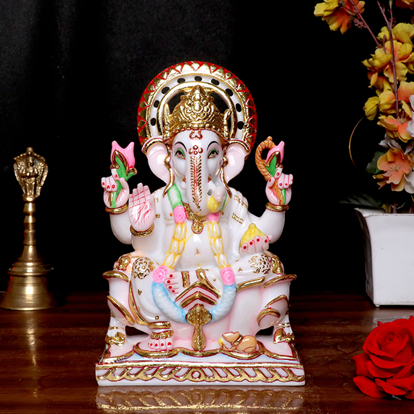 Lord Ganesha Idol Showpiece for Home Decor (White) Marble – 9 Inch
