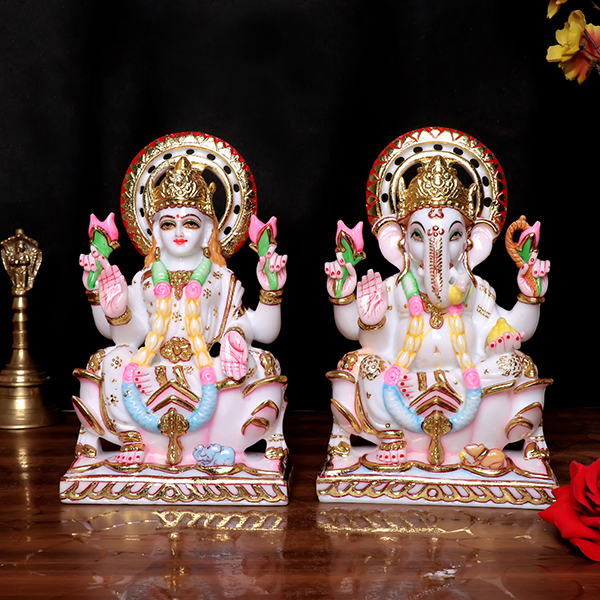 Laxmi-Ganesh Idol Showpiece for Home Decor (White) Marble – 9 Inch