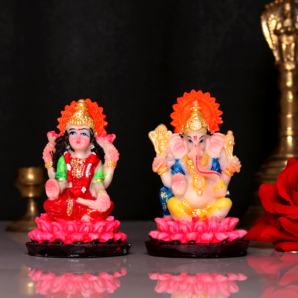 Laxmi-Ganesh Idol Showpiece for Home Decor, Set of 2 (Multicolor) Marble – 3 Inch