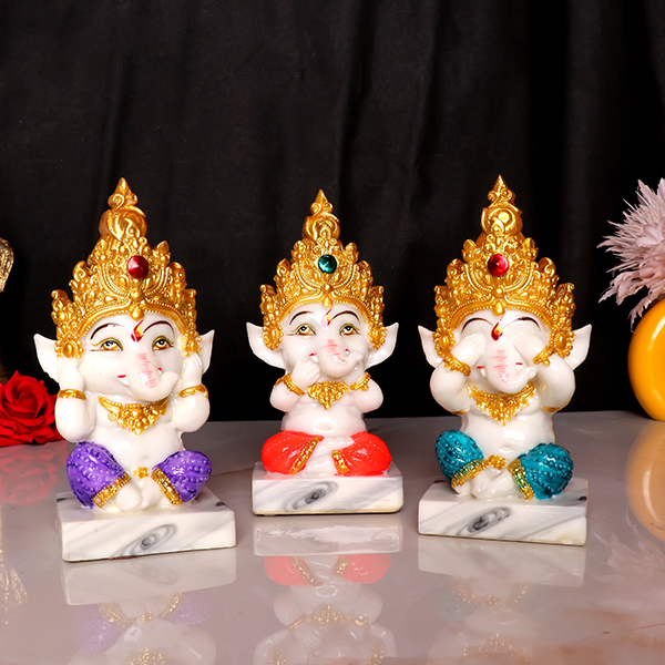 Musician Ganesha Idol Showpiece for Home Decor, Set of 3 (Multicolor) Marble – 4 Inch