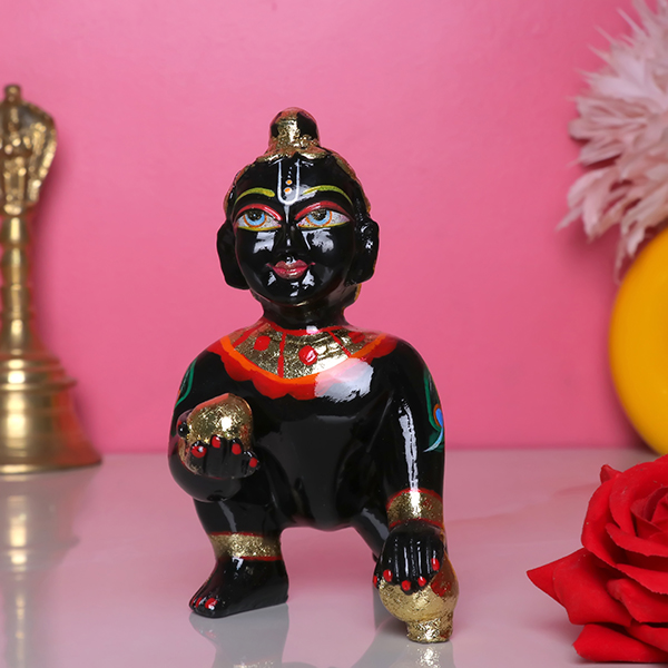 Laddu Gopal Krishna Idol Showpiece for Home Decor, Golden Foil (Black) Marble – 6 Inch