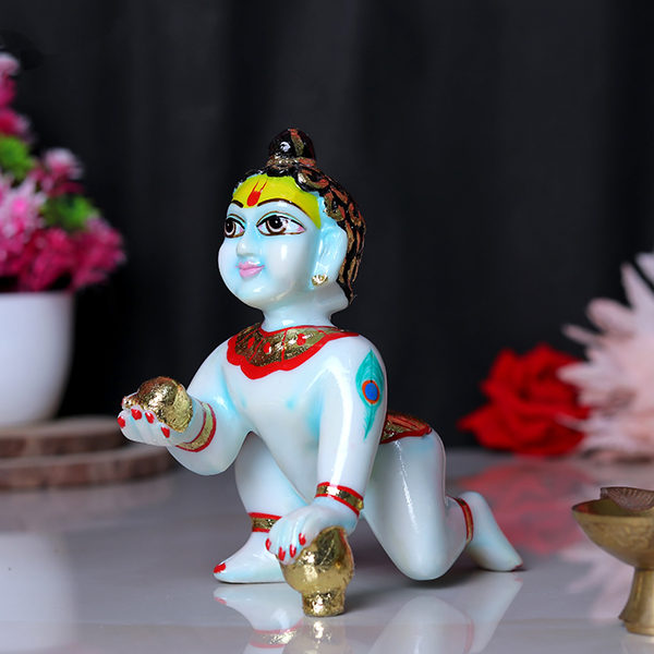 Laddu Gopal Krishna Idol Showpiece for Home Decor, Golden Foil Work (Blue) Marble – 6 Inch