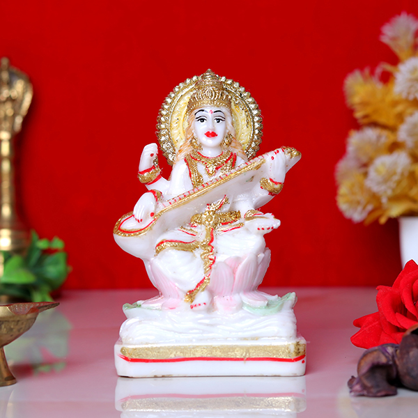 Goddess Maa Saraswati Idol Showpiece for Home Decor (Golden Foil) Marble – 6 Inch